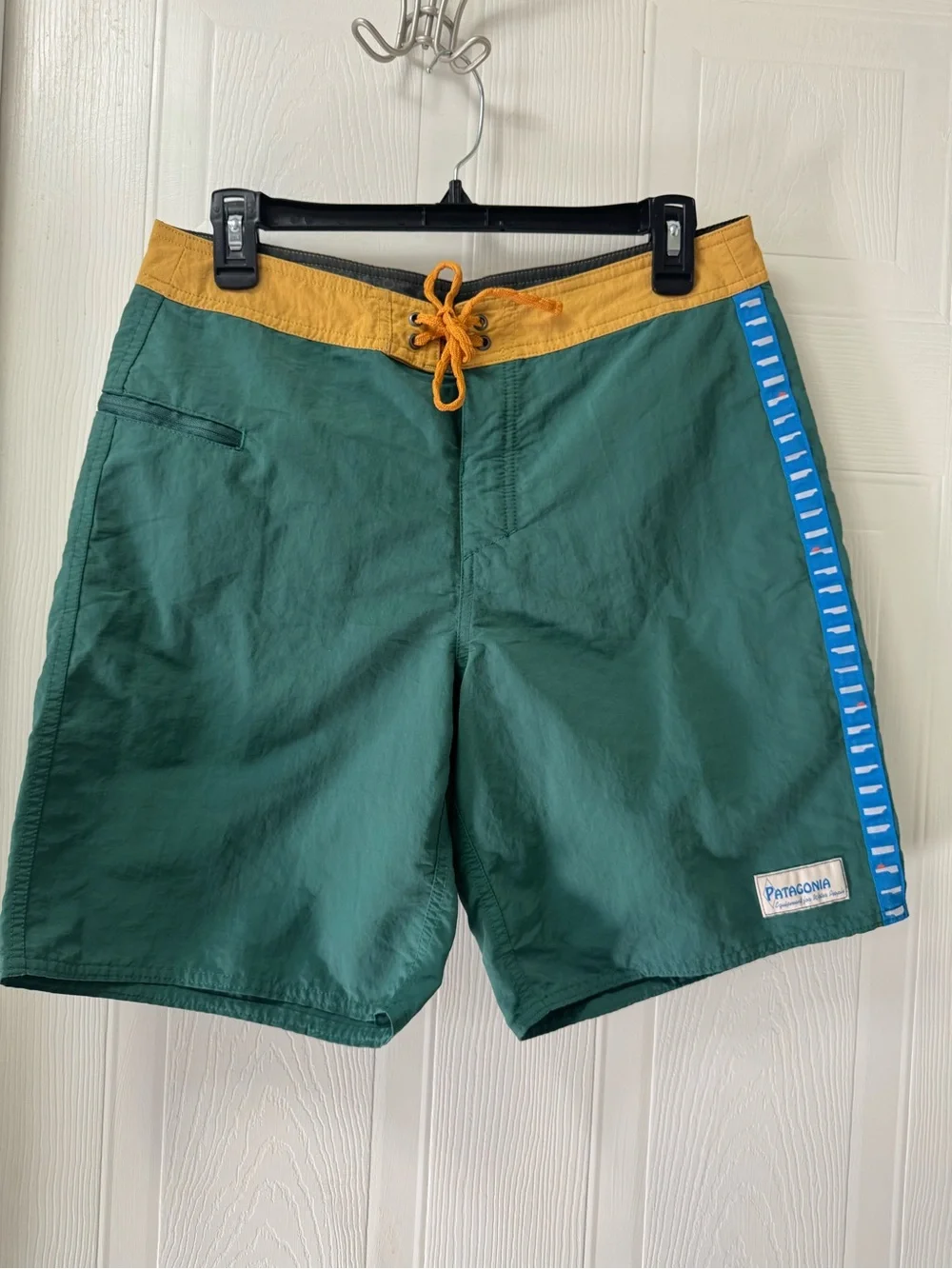 Patagonia Green Swim Board Shorts with Mustard Waistband and Blue Side Stripe